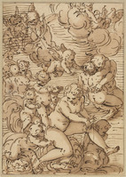 K II 015
<br/>
Galatea, rijdend op dolfijnen, met Amor en putti
<br/>
<em>Cambiaso, Luca (1527-1585) - kopie naar</em>